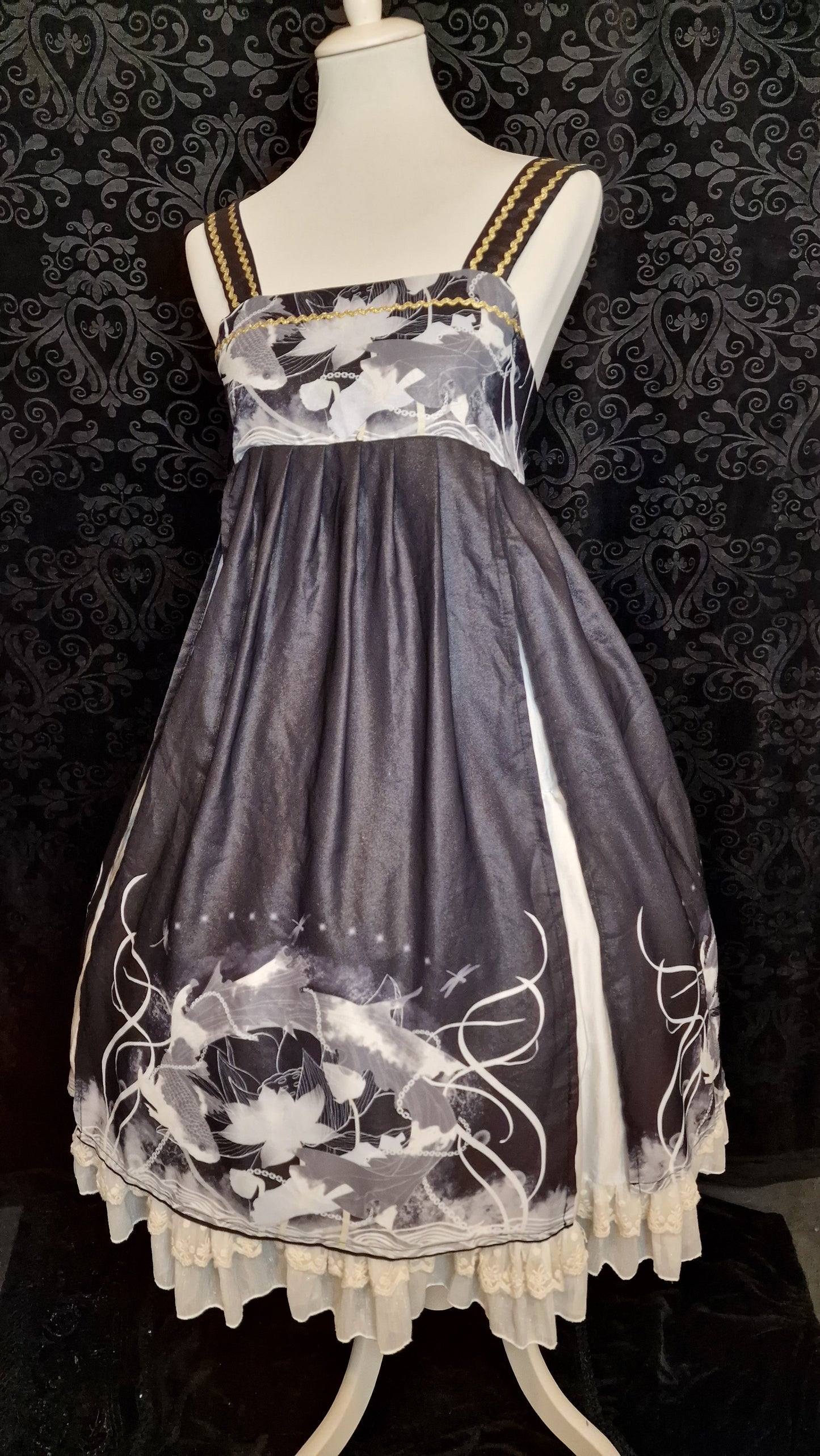 Gothic Lolita JSK Koi-Karpfen Lotus Print mit Glitzerstoff und Chiffon-Overlay