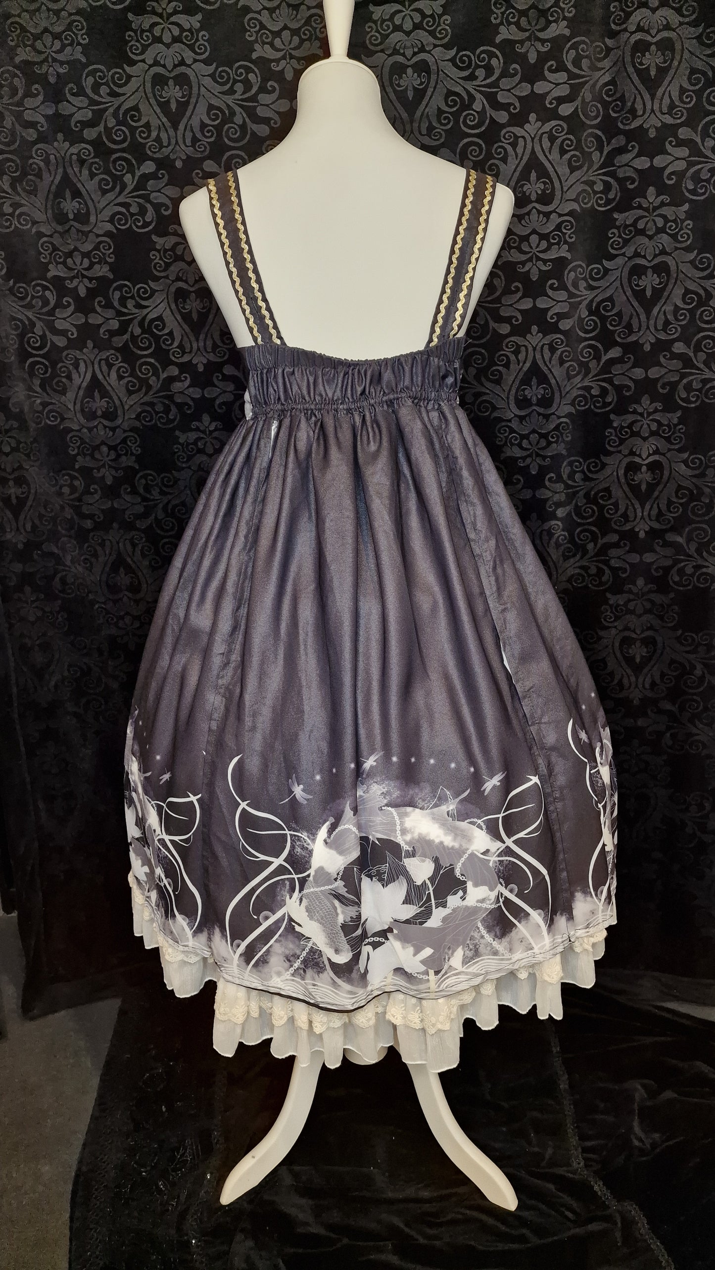 Gothic Lolita JSK Koi-Karpfen Lotus Print mit Glitzerstoff und Chiffon-Overlay
