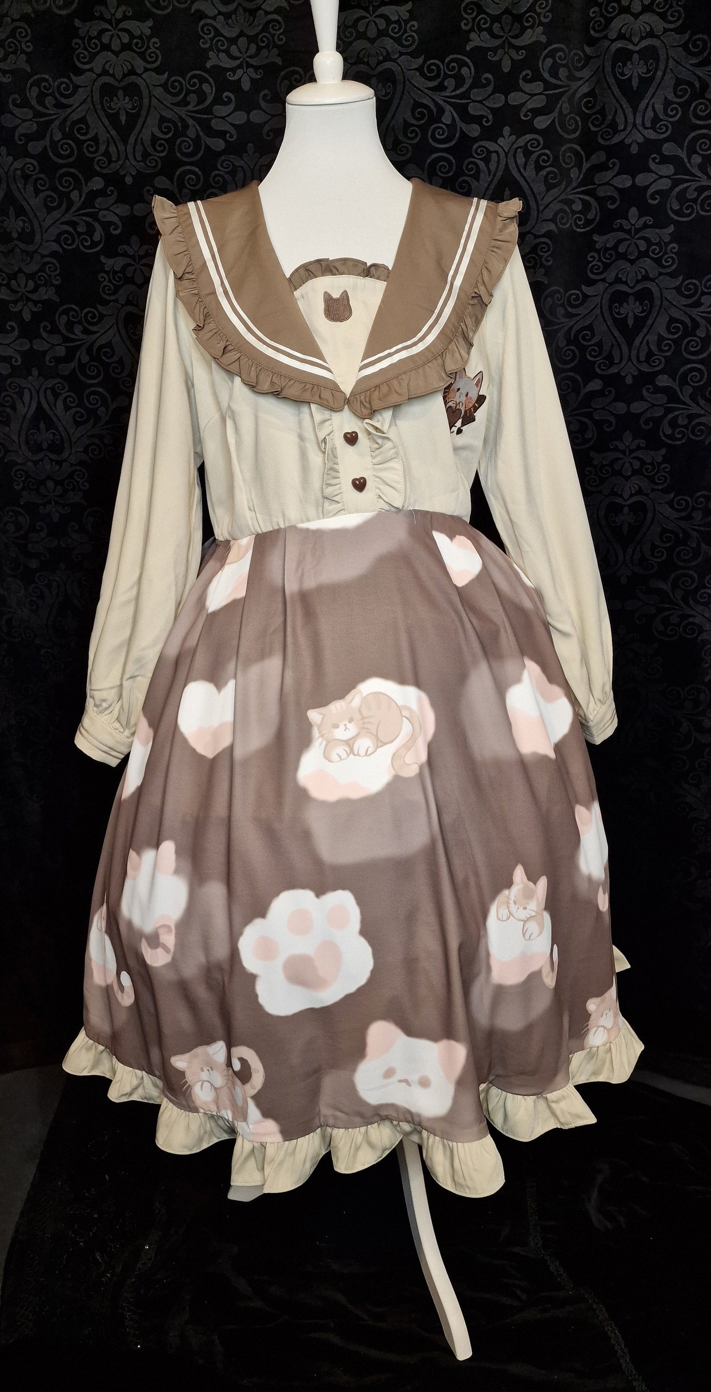 Lolita Kleid von "Hard Candy" Cat Print in Braun Creme gr. XL