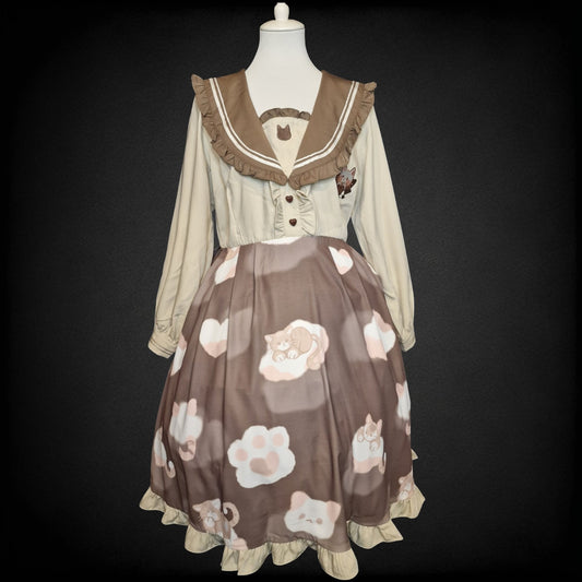 Lolita Kleid von "Hard Candy" Cat Print in Braun Creme gr. L/XL