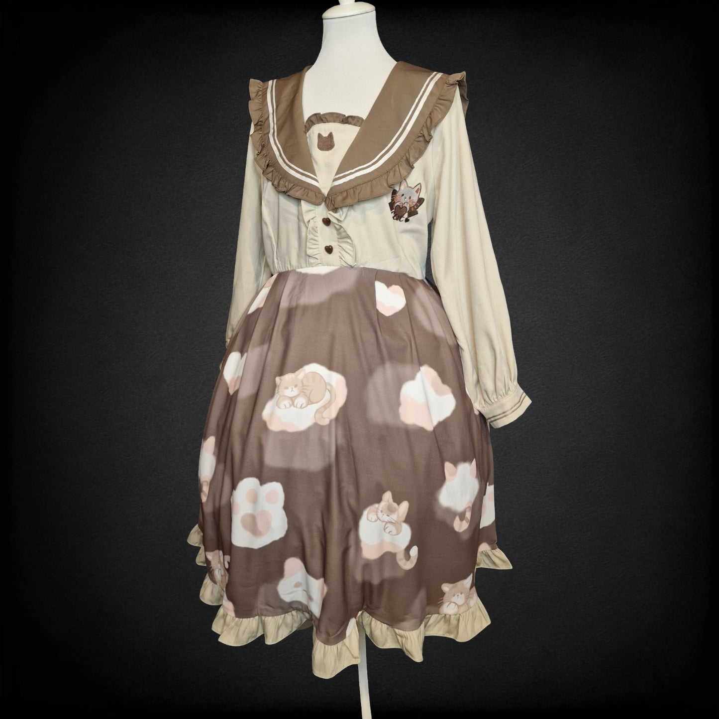 Lolita Kleid von "Hard Candy" Cat Print in Braun Creme gr. XL