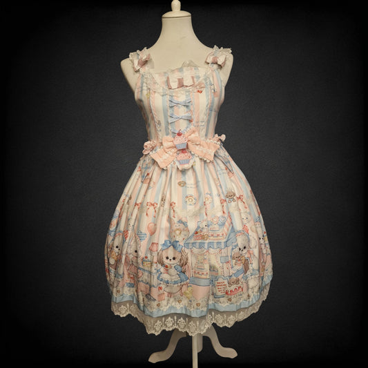 Hangu Sweet Lolita JSK „Puppy Cake Shop“ Print Pastell Gestreift Kawaii