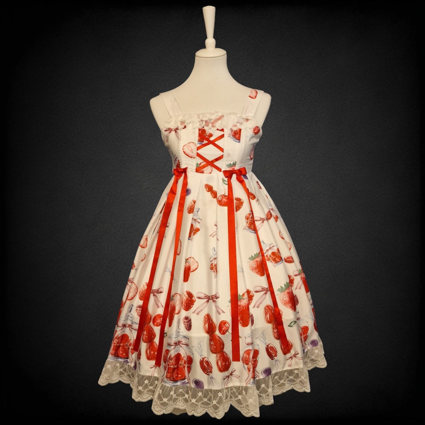 Langes Lolita Kleid von "One Strawberry" neu mit Rüschendetails weiß-rot M