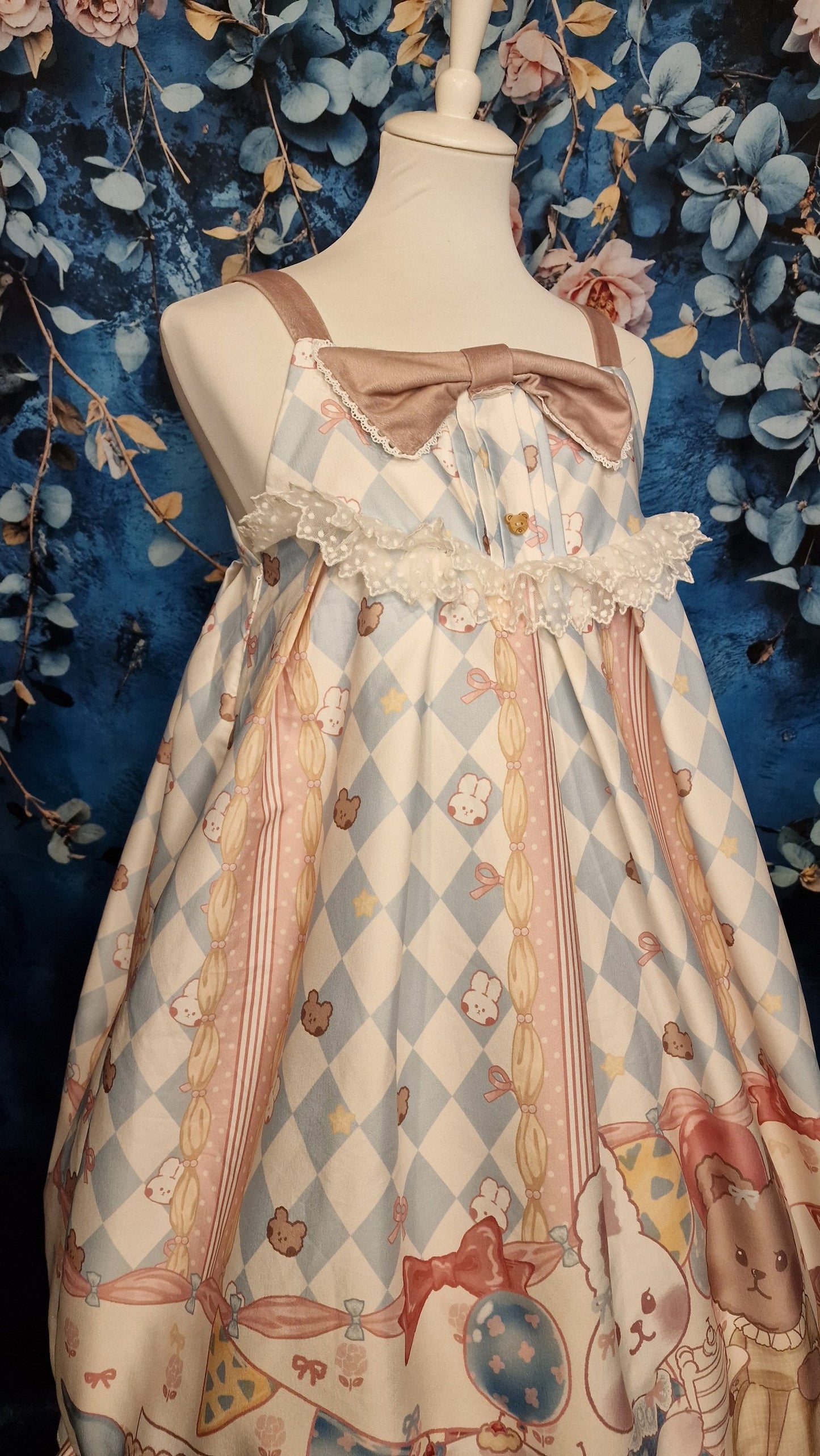 Kawaii Lolita JSK "Bunny & Bear Tea Party" Lolita Kleid JSK – Blue Cream M
