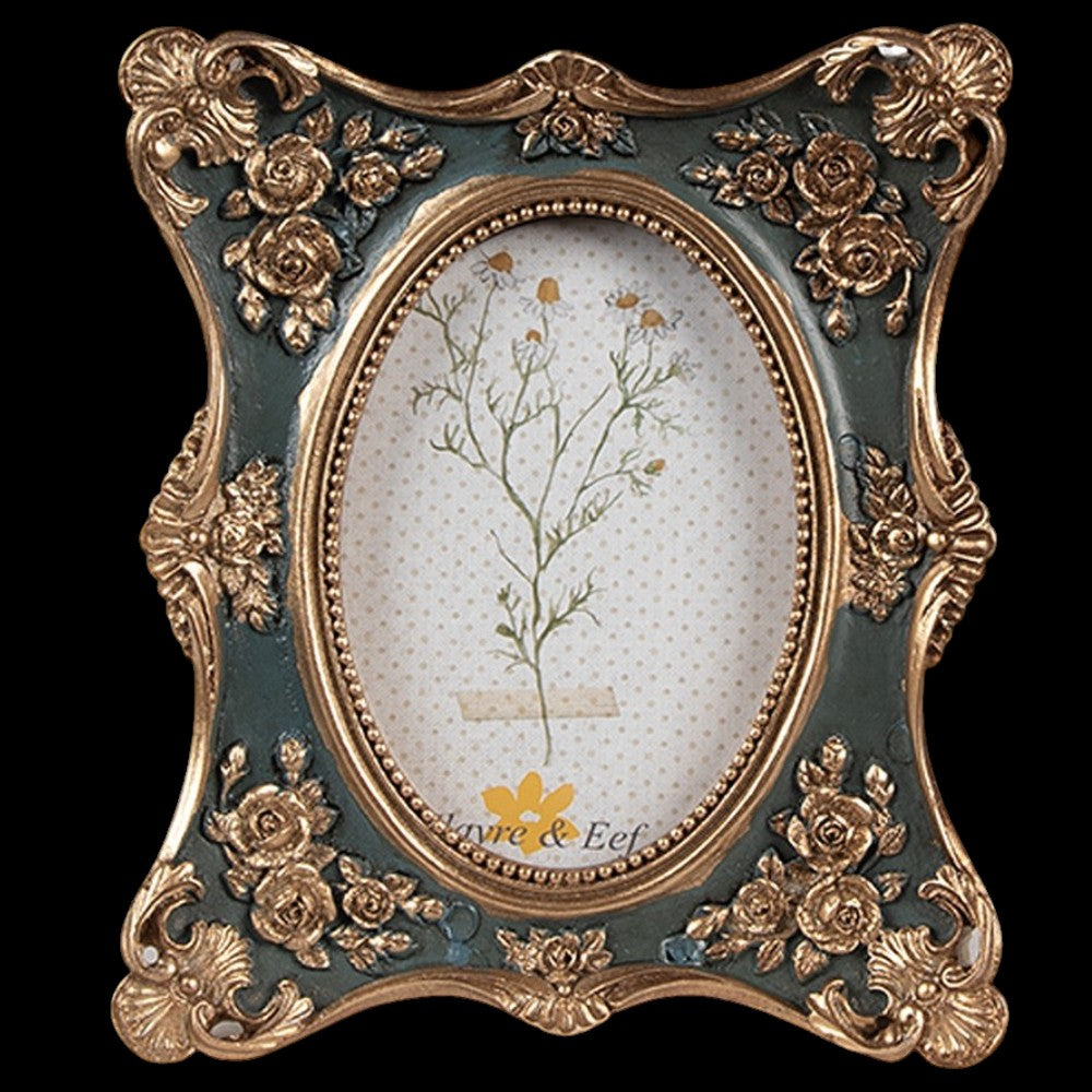 Kleiner Bilderrahmen barock Gold-Grün mit Rosen – Fotoformat 6 × 9 cm