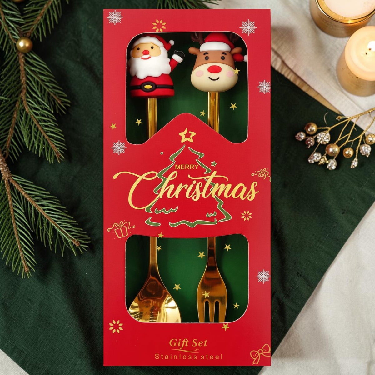 Clayre & Eef Besteckset Weihnachten Löffel & Gabel Dessert Geschenkbox