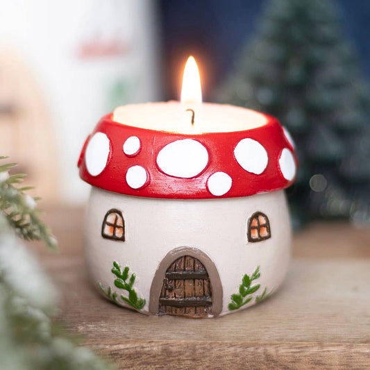 Kleines Mushroom House Teelichthalter aus Kunstharz vintage