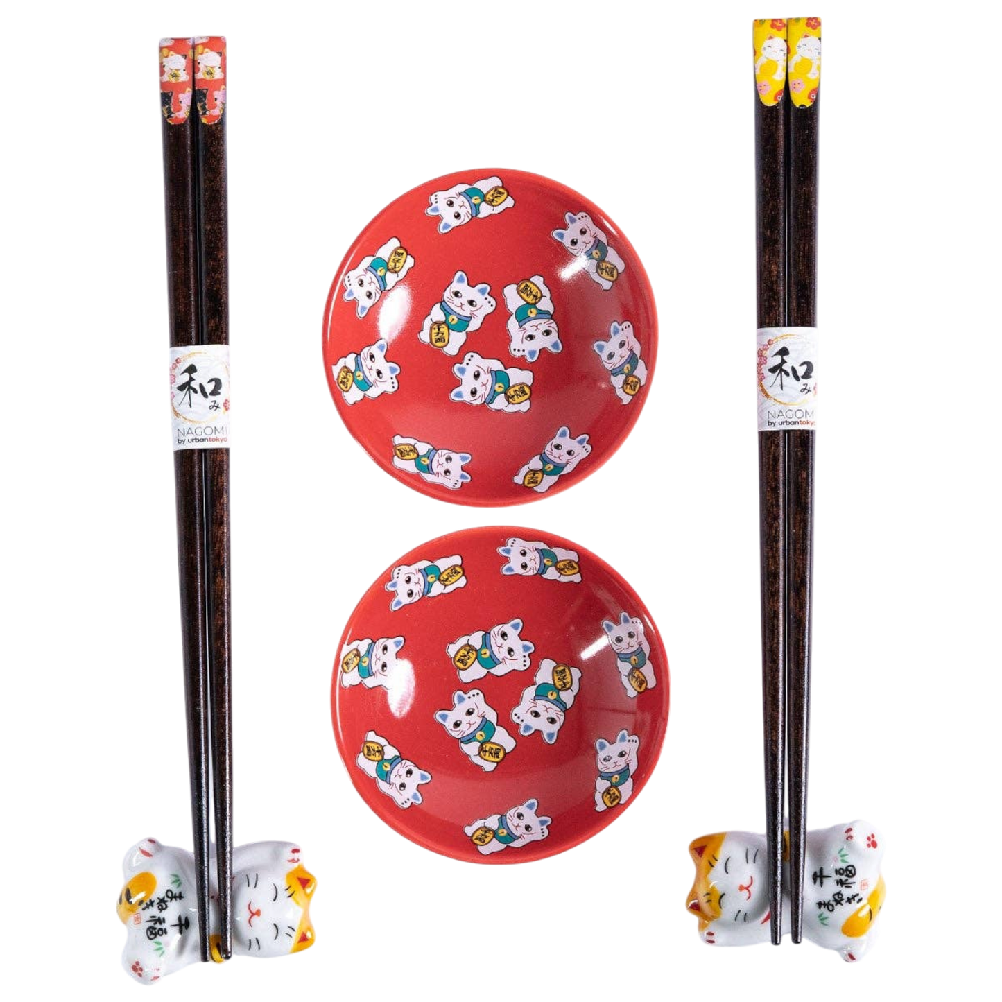 Lucky Cats 2 Paar Essstäbchen aus Holz, Essstäbchenhalter und Saucenschälchen Geschenkset (1/36)