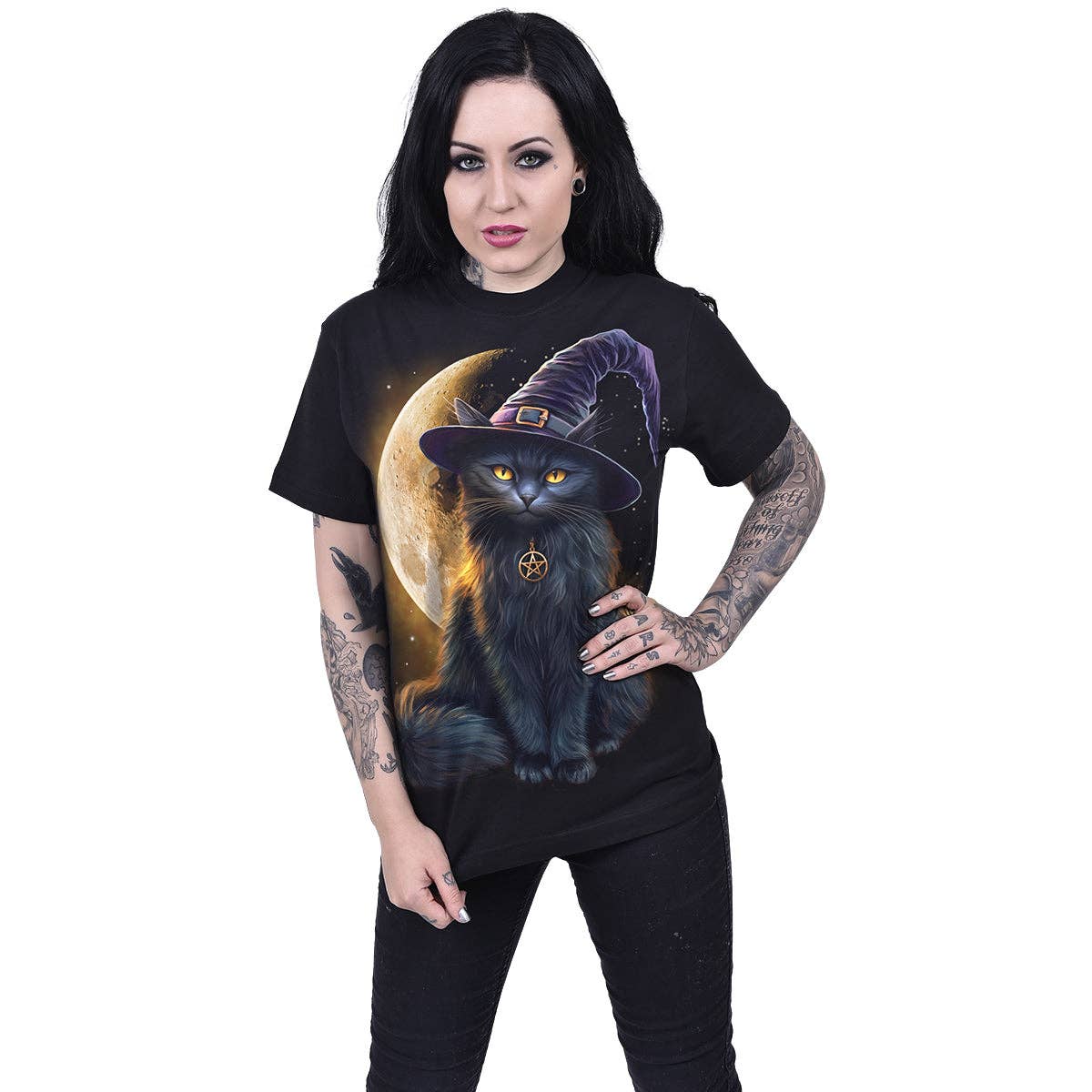 Gothic Halloween Katze T-Shirt "Familiar Magic" Spiral