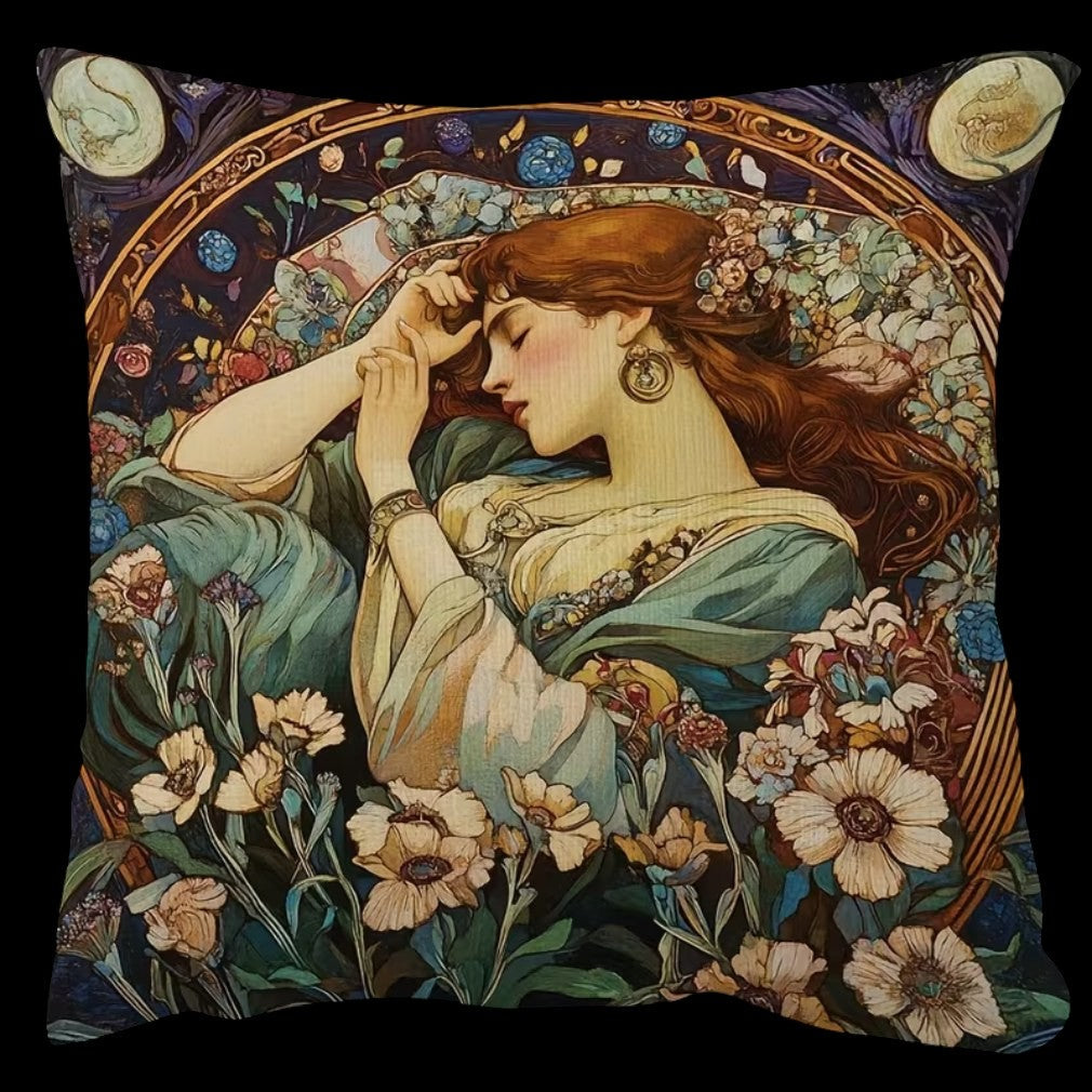 Vintage Kissen Mucha Jugendstil Träumende Frau Blumen Nacht auf schwarzem Hintergrund