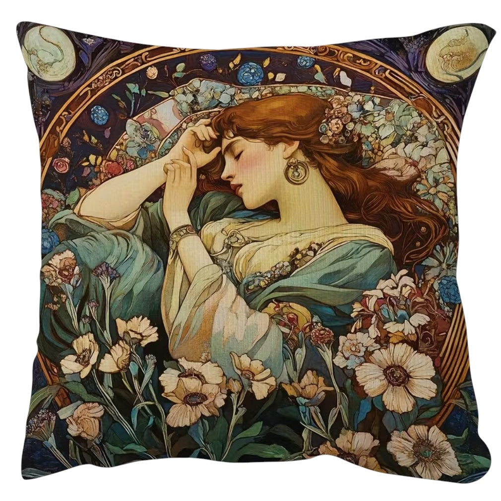 Vintage Kissen Mucha Jugendstil Träumende Frau Blumen Nacht auf weißem Hintergrund