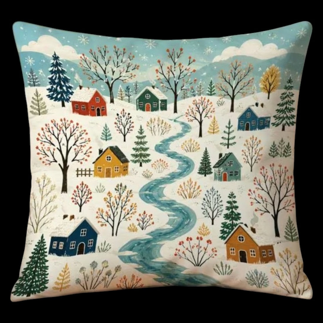 Winterdorf-Kissen mit Flussmotiv und Füllkissen 45 × 45 cm Folk-Art