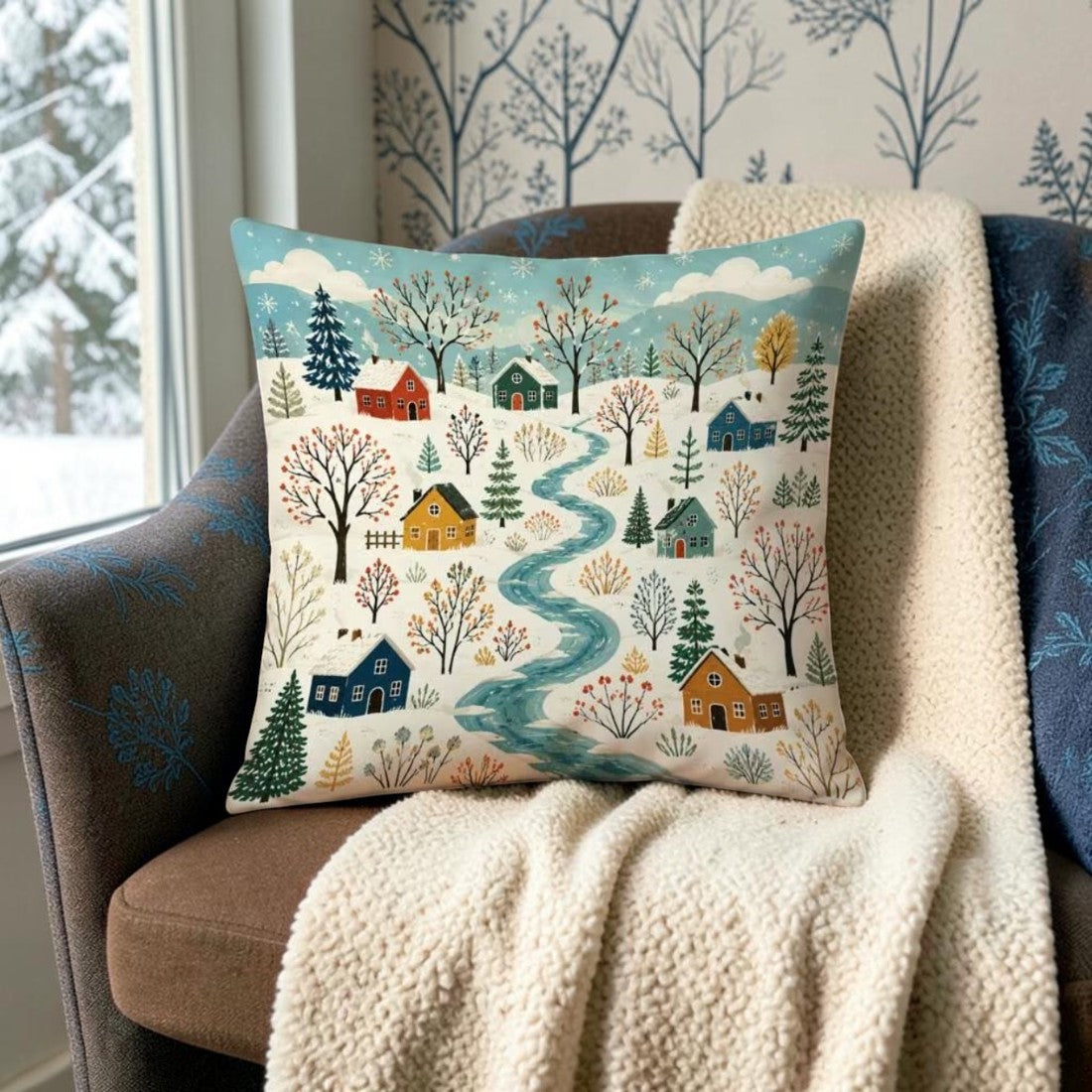 Winterdorf-Kissen mit Flussmotiv und Füllkissen 45 × 45 cm Folk-Art
