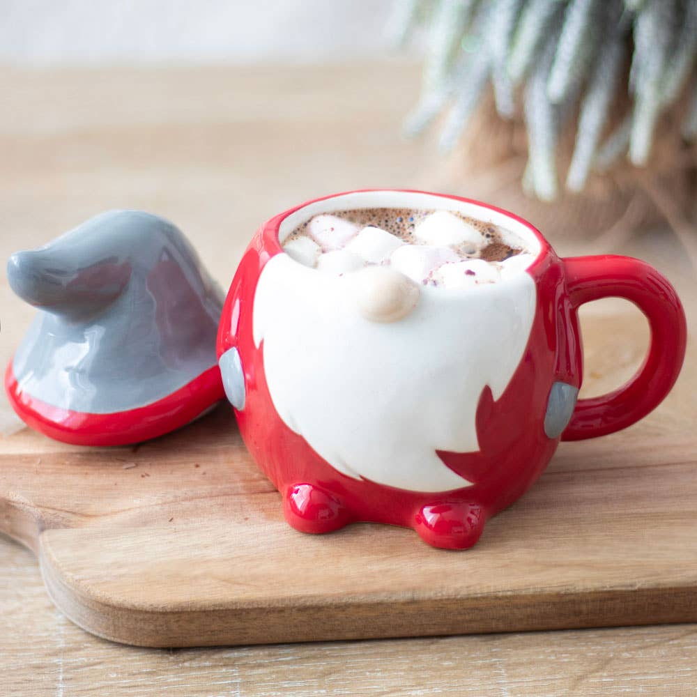 Tasse mit Deckel, Weihnachtsmotiv, Rot und Grau
