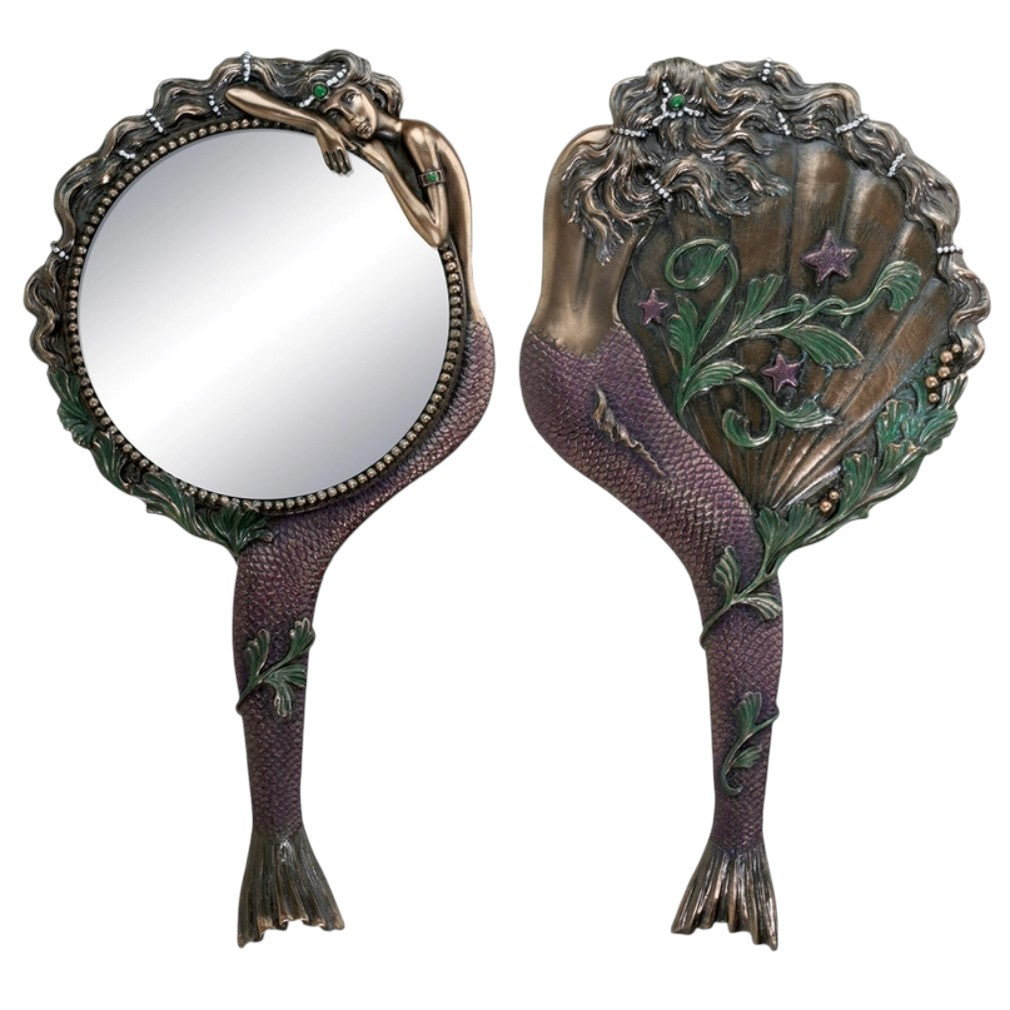 Vintage Handspiegel Meerjungfrau Jugendstil Vorder- und Rückseite auf weißem Hintergrund