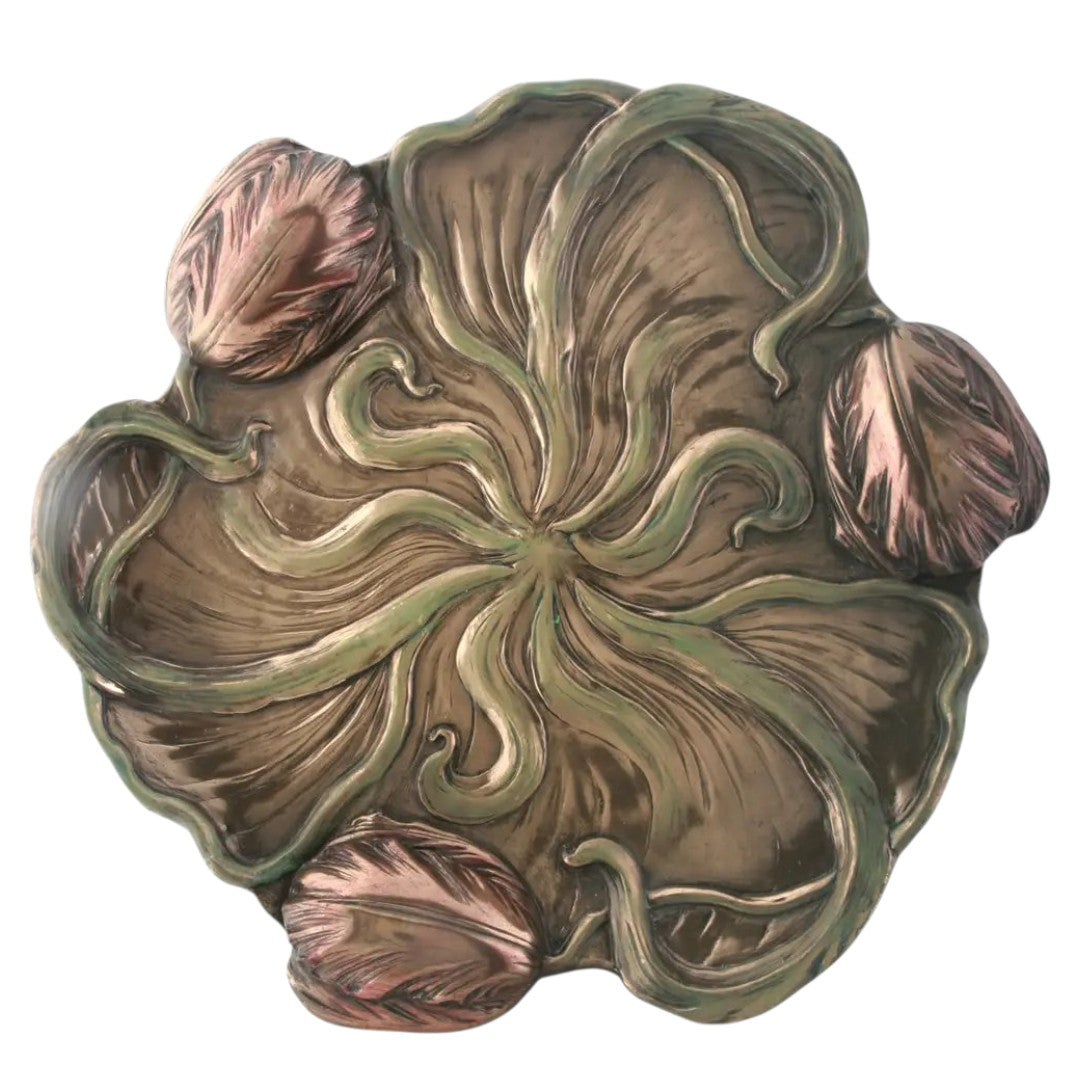 Vintage Dekorplatte Tulpen Jugendstil Bronze-Grün auf weißem Hintergrund