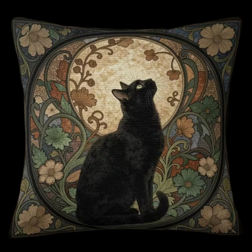 Vintage Kissen Schwarze Katze Jugendstil Blumenornament auf schwarzem Hintergrund