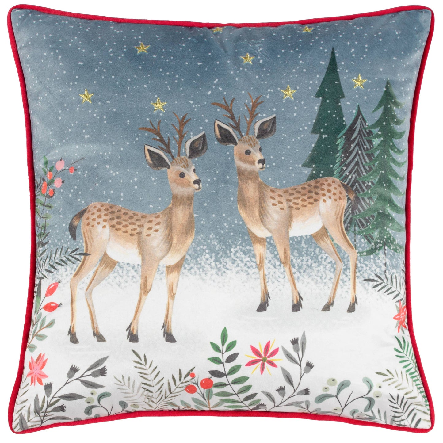 Romantisch Dekokissen Rentiere im Schnee Samtkissen Weihnachten 45x45 cm