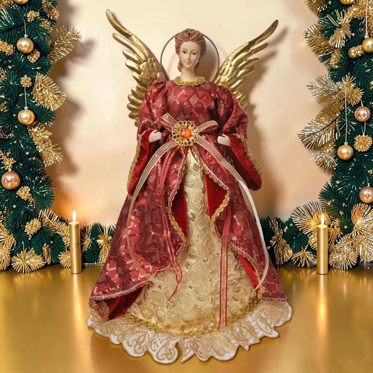 Große Dekofigur. Puppe Weihnachtsengel vintage rot-gold 44 cm