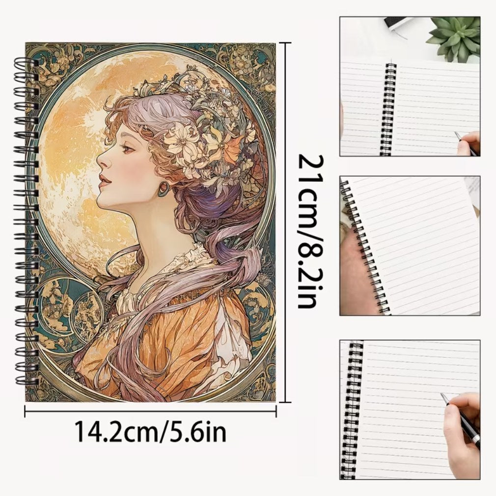 Vintage Notizbuch Mucha Mondfrau – Maßangaben 14,2×21 cm mit Innenansicht liniiert