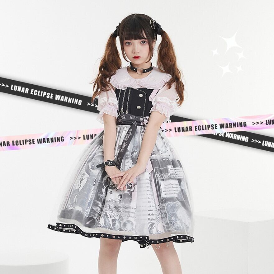 Gothic Lolita Kleid Streetwear schwarz-weiß Zeitungsmuster