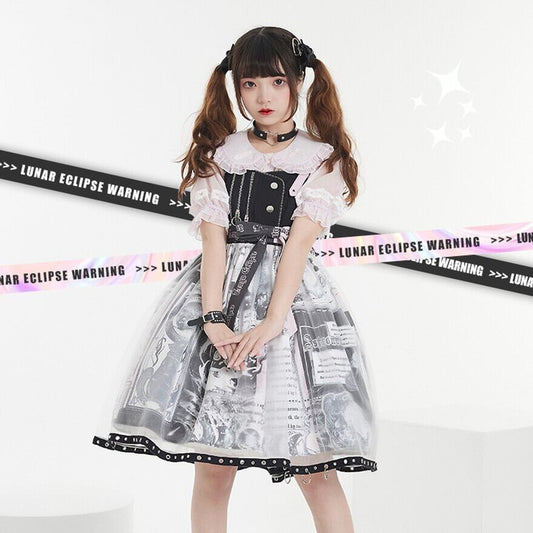 Gothic Lolita Kleid Streetwear schwarz-weiß Zeitungsmuster