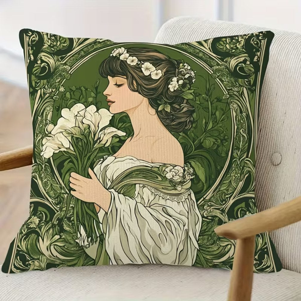 Vintage Kissen Mucha Jugendstil Frau mit Lilien Grün auf weißem Sessel