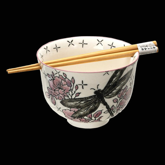 Japanische Keramikschale "Libelle" mit Essstäbchen-Set vintage