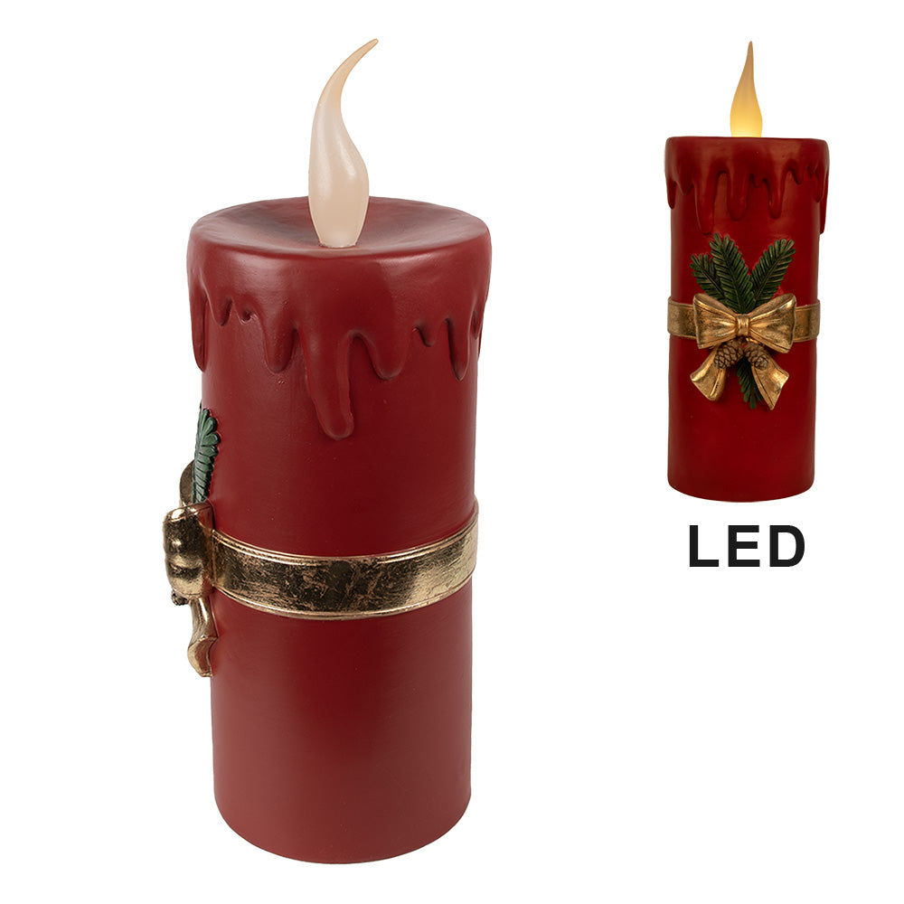 Große LED-Weihnachtskerze Rot mit goldfarbener Schleife – 44 cm