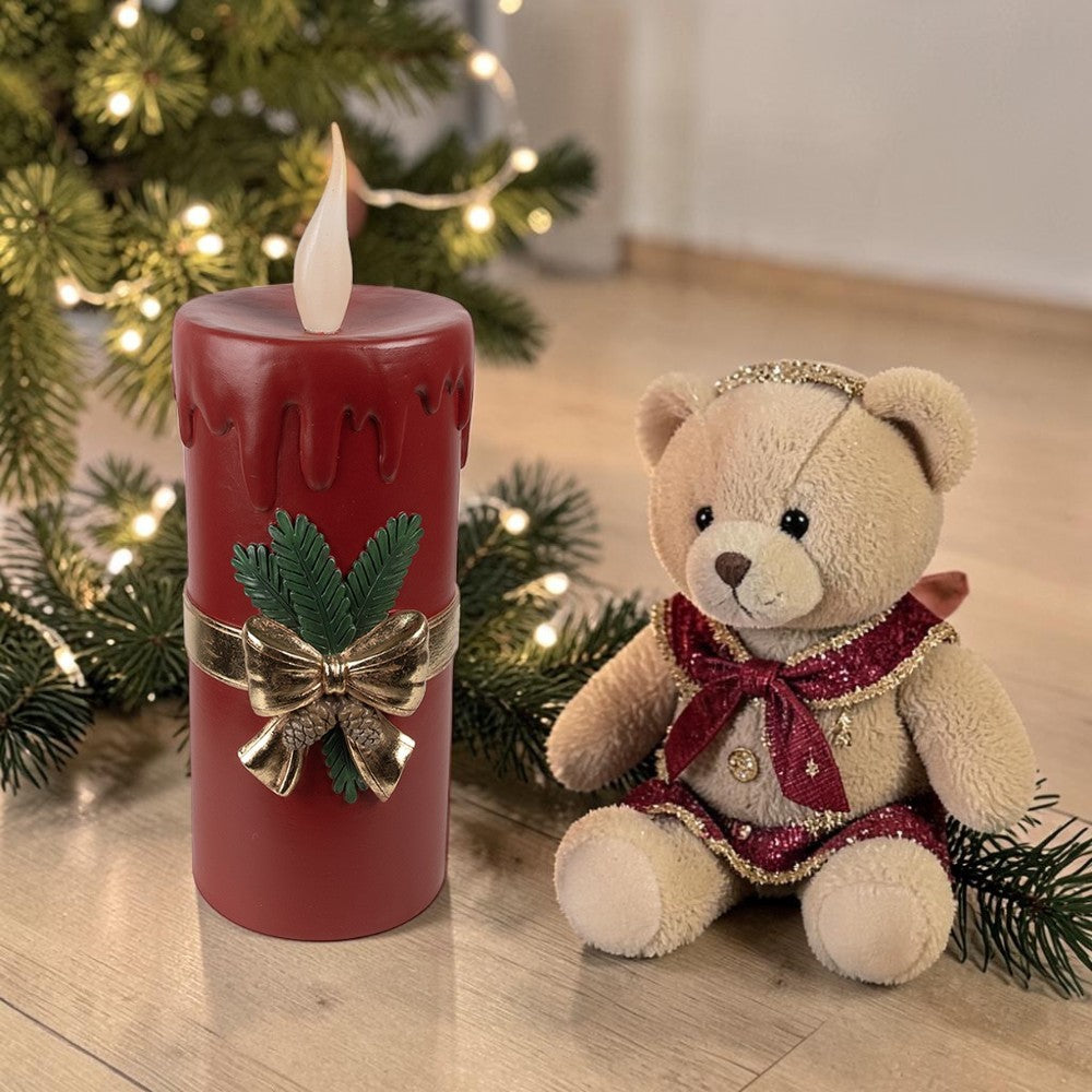 Große LED-Weihnachtskerze Rot mit goldfarbener Schleife – 44 cm