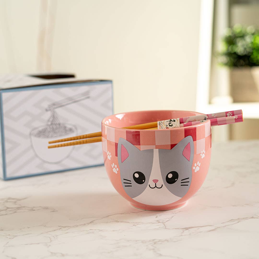 Rosa Kawaii Katzen-Ramenschale mit Essstäbchen