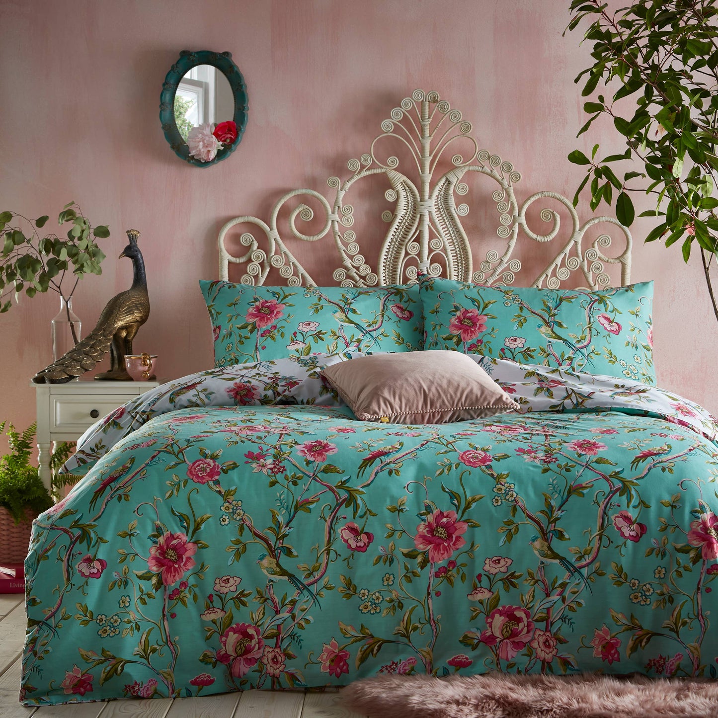 Vintage Chinoiserie Bettwäsche-Set mit nostalgischem Blumenmuster in Jade