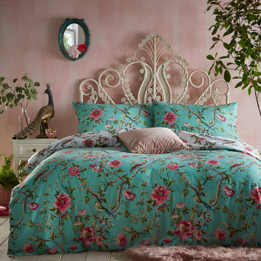 Vintage Chinoiserie Bettwäsche-Set mit nostalgischem Blumenmuster in Jade