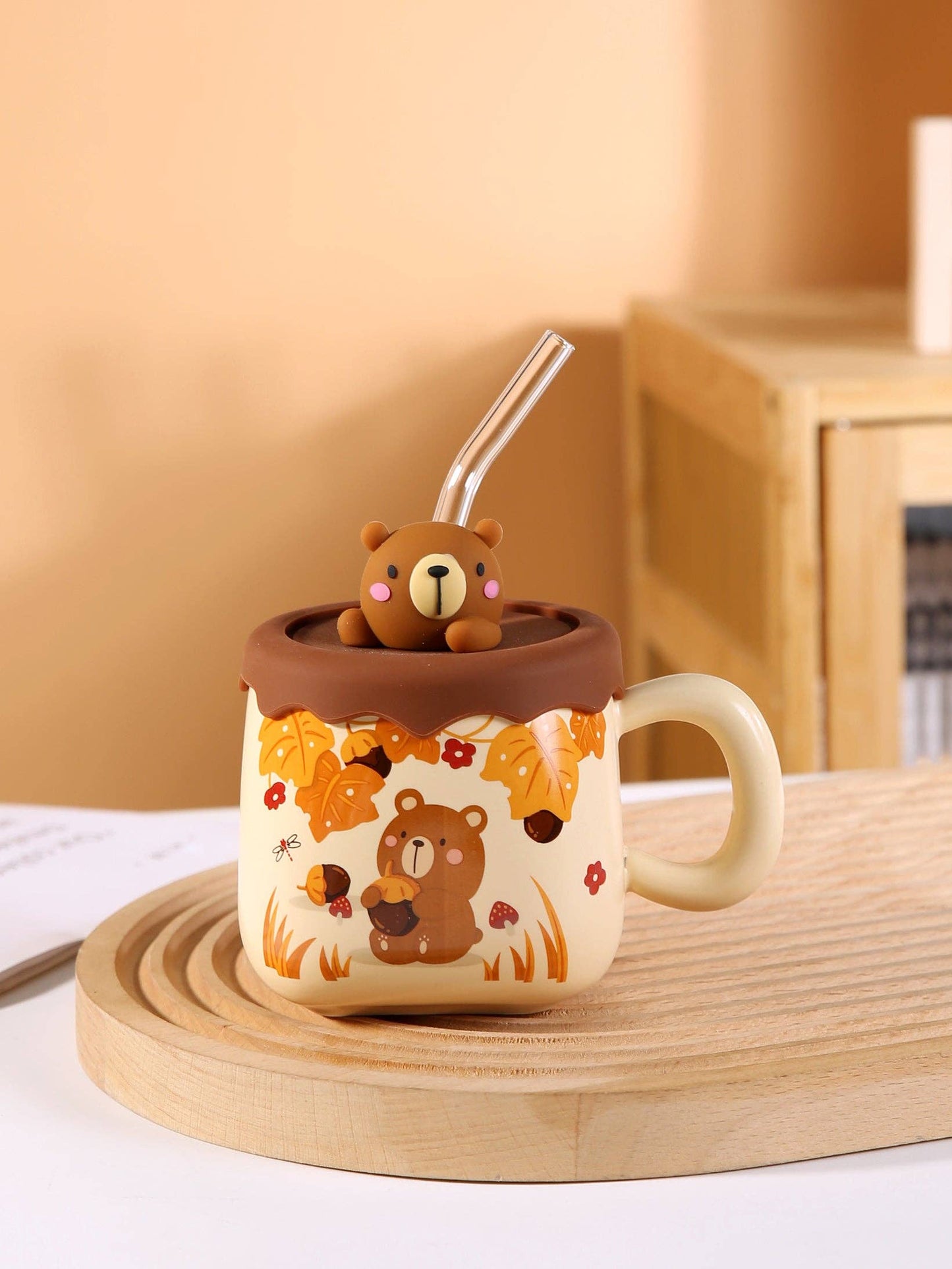 Kawaii süßes Bären Tasse mit Deckel & Strohhalm Geschenkidee 385 ml