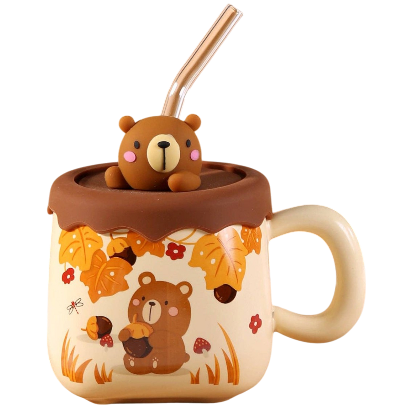 Kawaii süßes Bären Tasse mit Deckel & Strohhalm Geschenkidee 385 ml