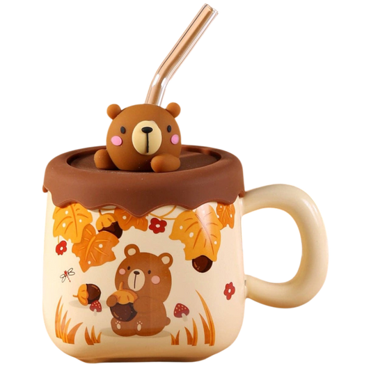 Kawaii süßes Bären Tasse mit Deckel & Strohhalm Geschenkidee 385 ml