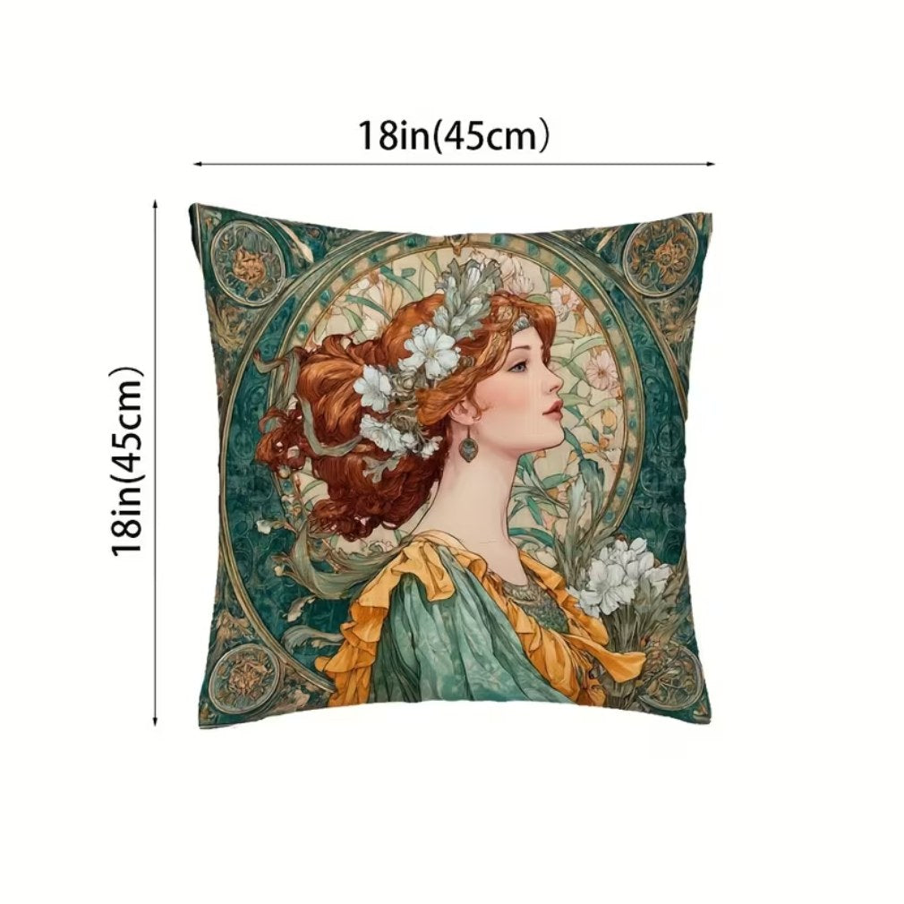 Vintage Kissen Jugendstil Rothaarige Frau Weiße Blumen Grün-Gold – Maßangaben 45x45 cm