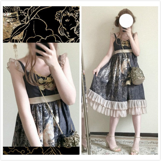 Don't Sleep „Moon Palace“ Qi- Classic Lolita Kleid JSK – Schwarz/Gold – Gr S