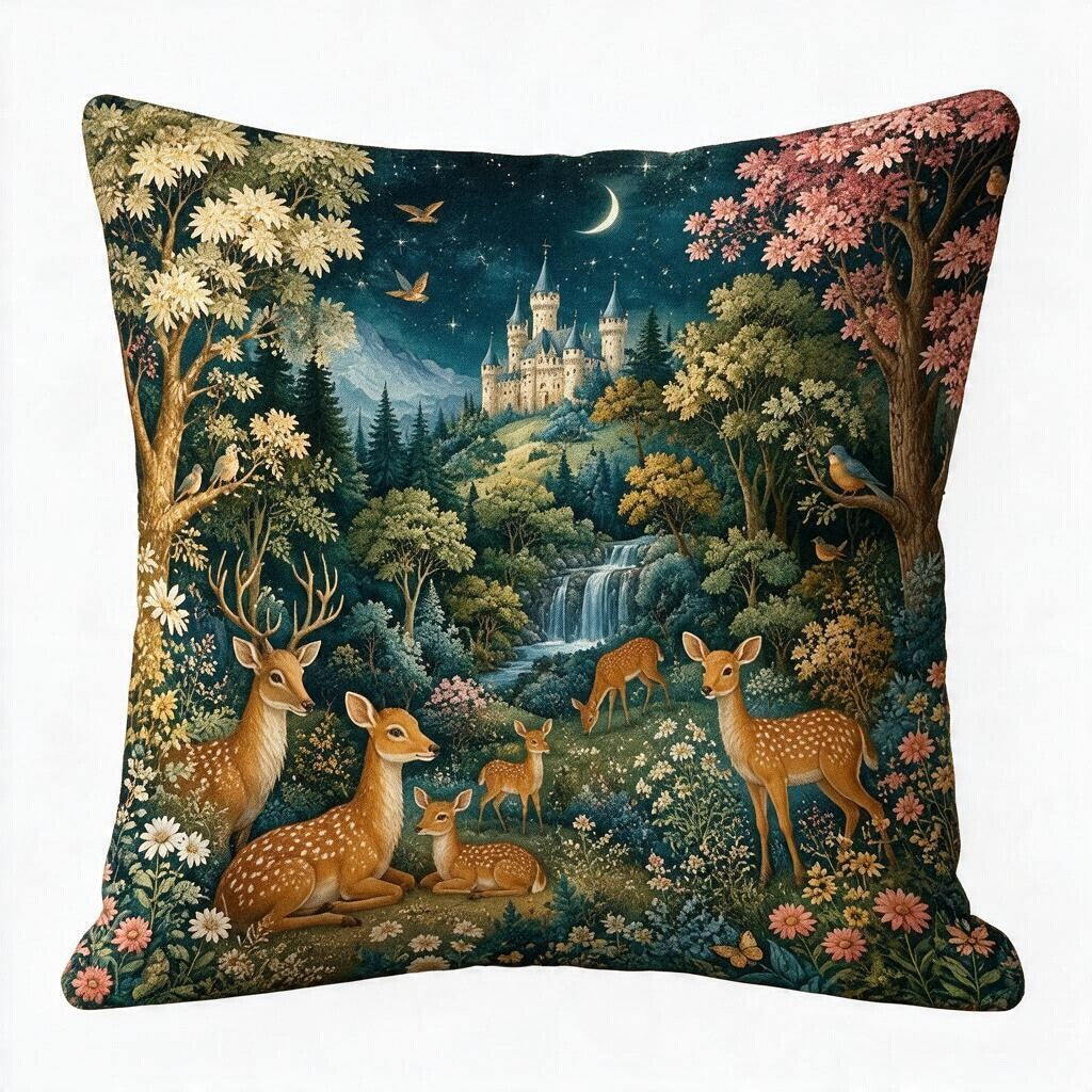 Märchenwald-Kissen mit Hirschen, Schloss und Füllkissen 45 × 45 cm
