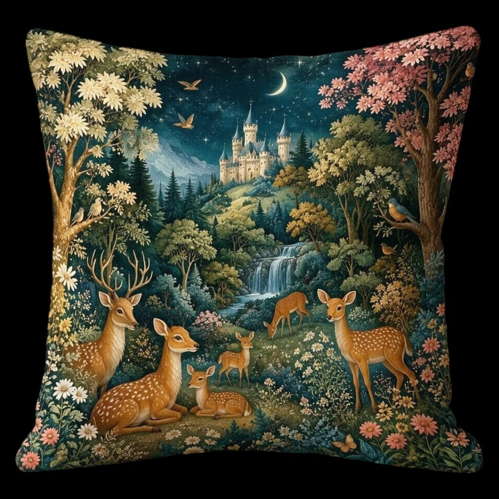 Märchenwald-Kissen mit Hirschen, Schloss und Füllkissen 45 × 45 cm