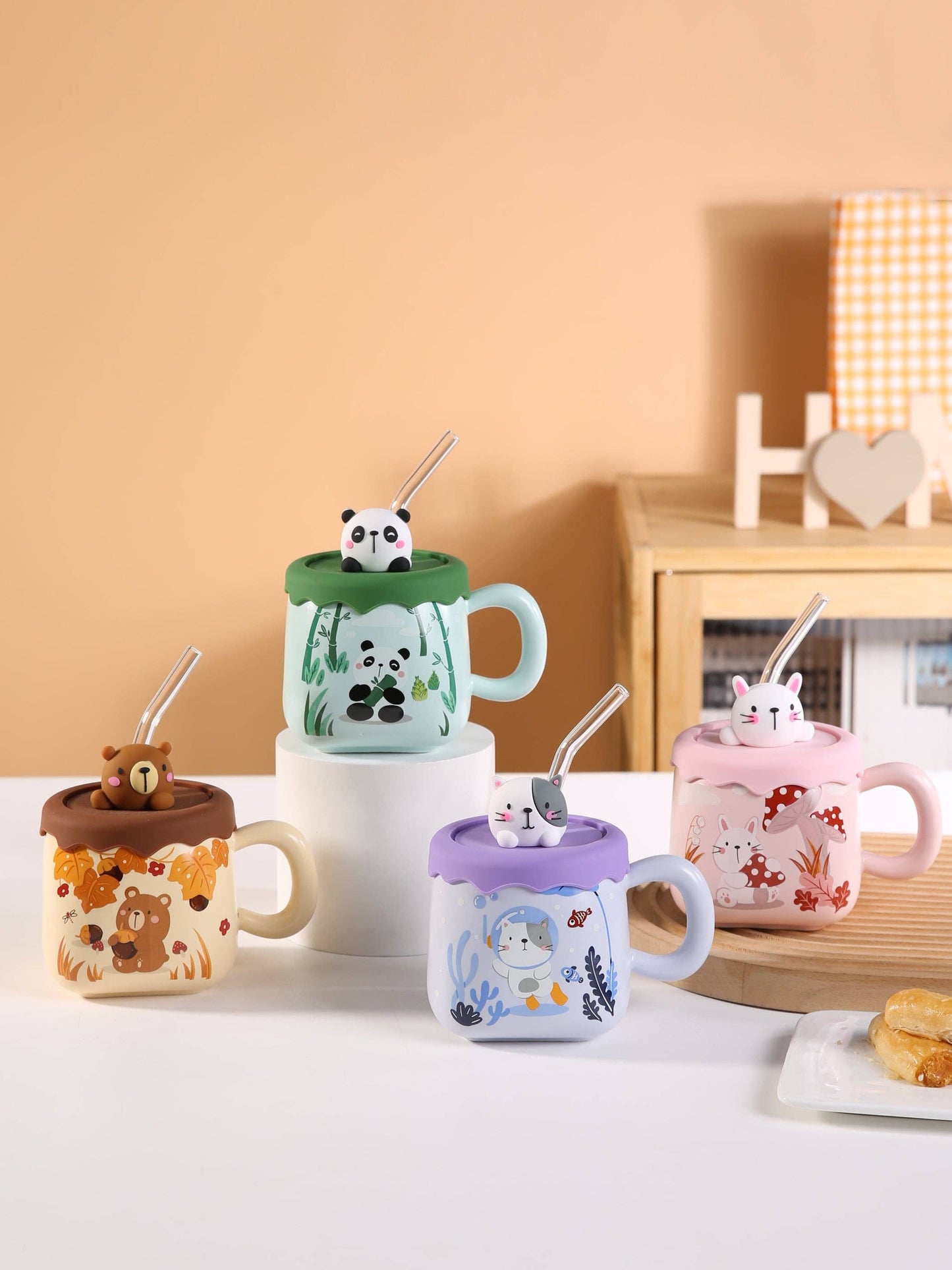 Kawaii süßes Bären Tasse mit Deckel & Strohhalm Geschenkidee 385 ml