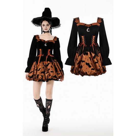 Dark in Love Halloween Kleid aus Samt mit Schnürung Fledermäuse