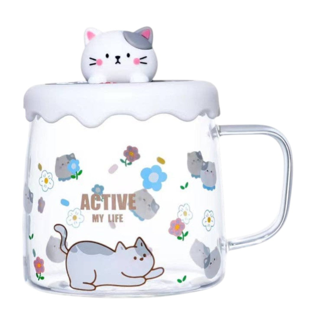 Kawaii süßer Katzen-Glasbecher mit Deckel "Active My Life" Urban Tokyo