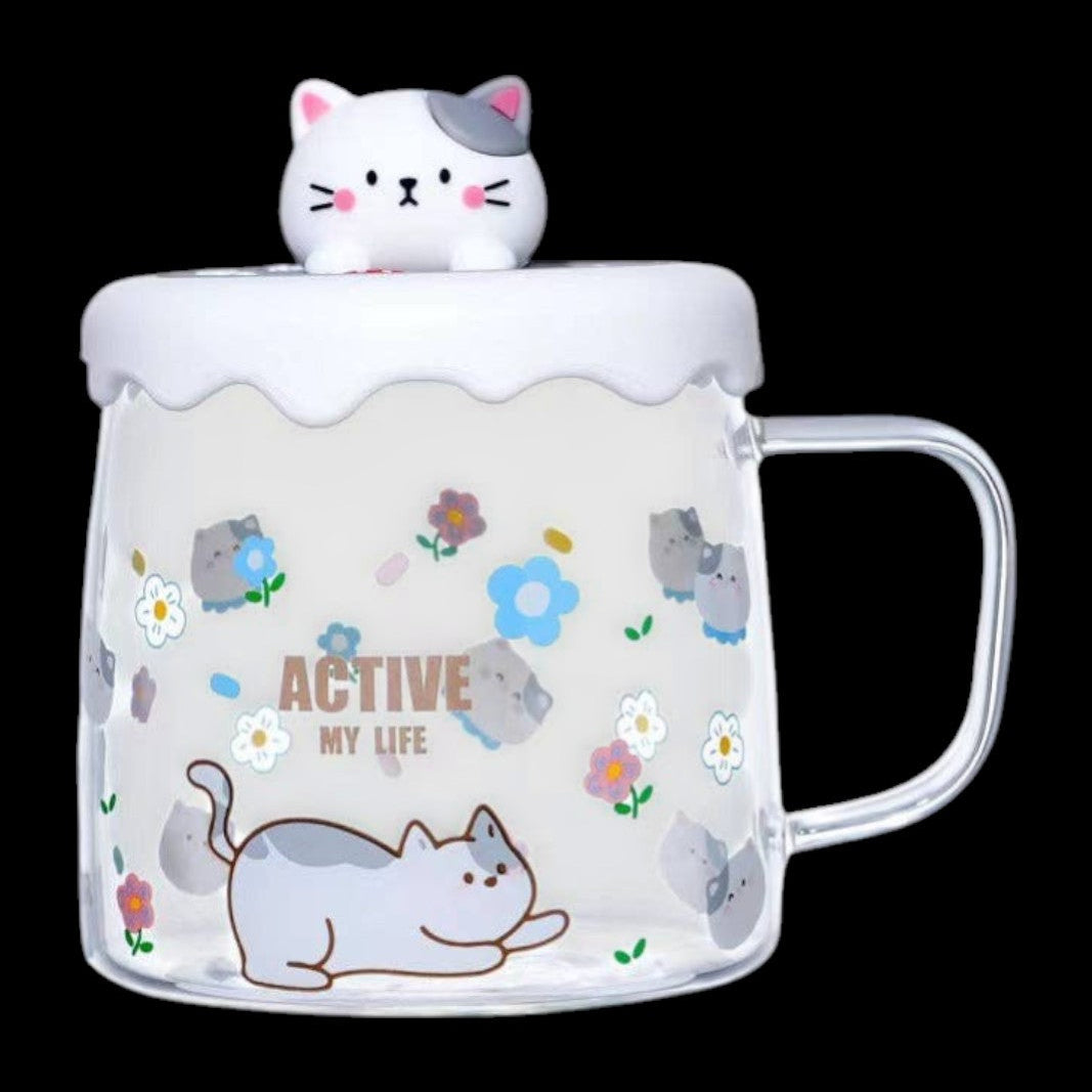 Kawaii süßer Katzen-Glasbecher mit Deckel "Active My Life" Urban Tokyo