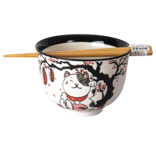 Glückskatzen-Ramen-Bowl Schale „Maneki-Neko“ mit Essstäbchen