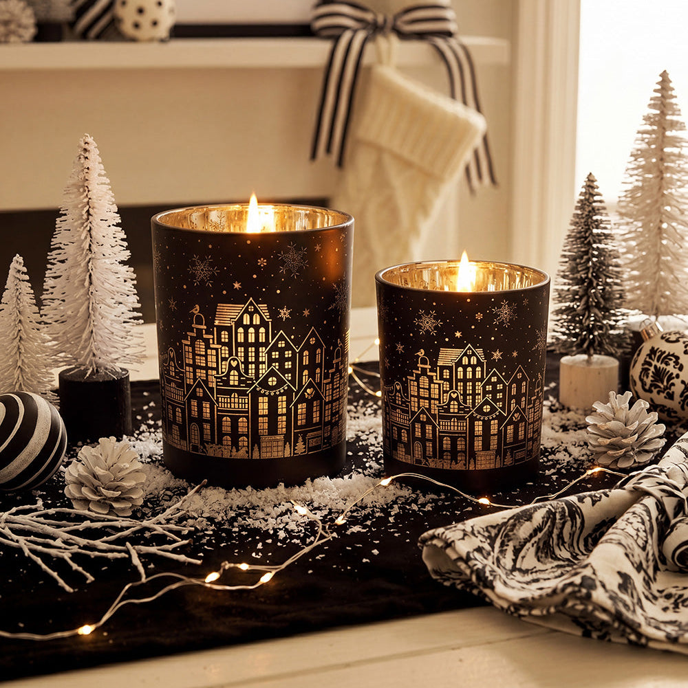 Clayre & Eef Teelichthalter-Set Weihnachtsstadt Schwarz 2-teilig