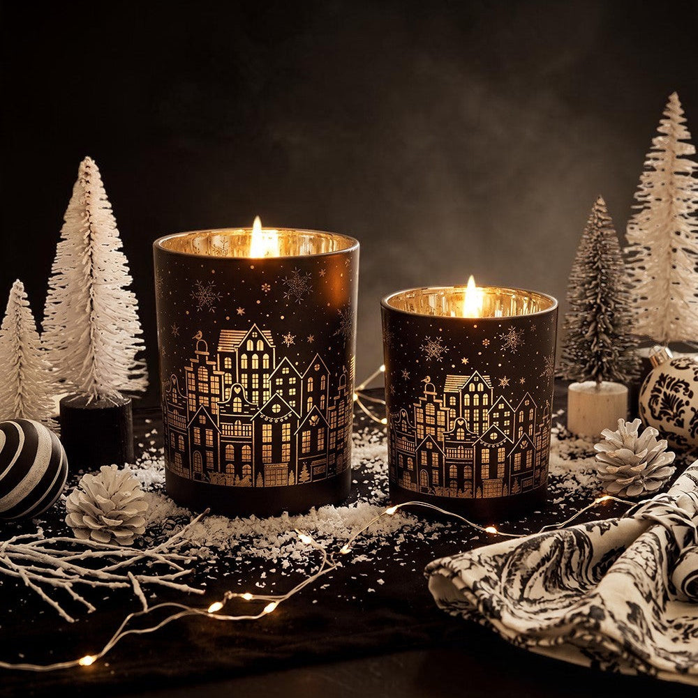 Clayre & Eef Teelichthalter-Set Weihnachtsstadt Schwarz 2-teilig