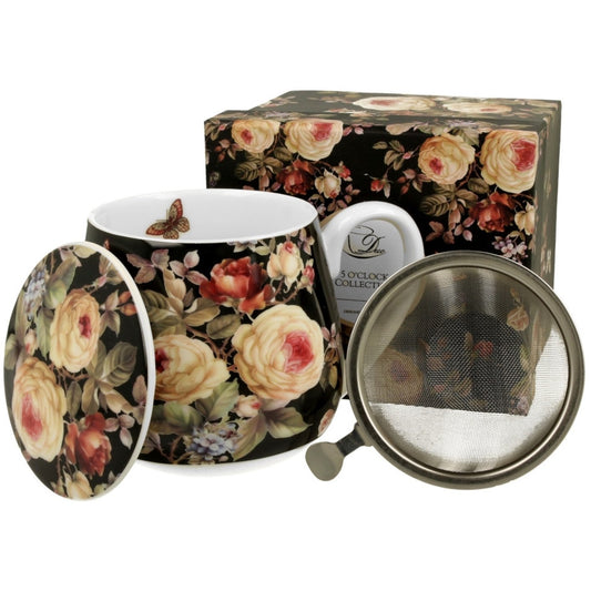 Duo Tasse vintage Blumen Warda schwarz 430 ml mit Teesieb