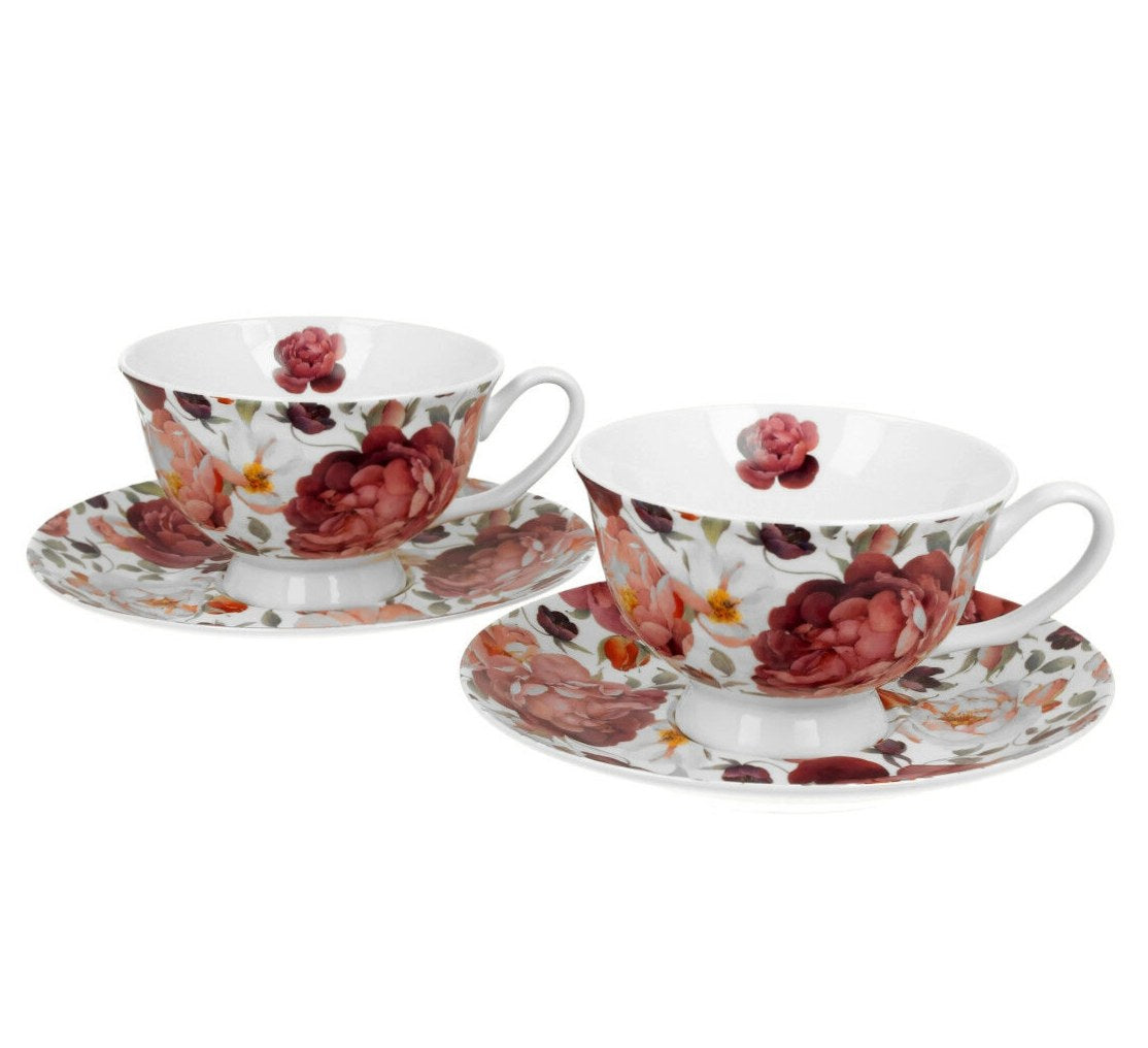 Duo Tassen Set englische Rose weiß 2x Tasse mit Unterteller