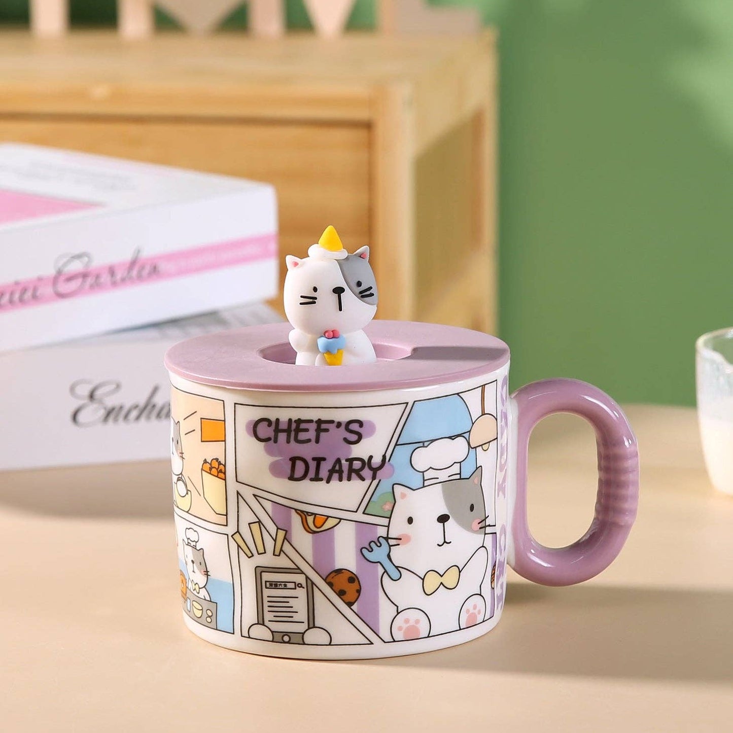 Kawaii „Chef's Diary“ Comic-Katzenbecher 3D Tasse mit Deckel